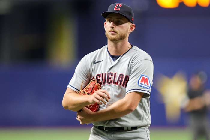 Aug 13, 2023; St. Petersburg, Florida, USA; Cleveland Guardians starting pitcher Tanner Bibee (61) walks off the field against the Tampa Bay Rays in the seventh inning at Tropicana Field. Mandatory Credit: Nathan Ray Seebeck-USA TODAY Sports